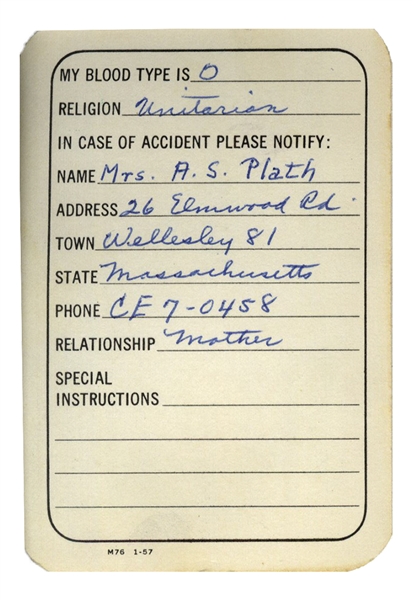 Sylvia Plath Signed Health Insurance Card
